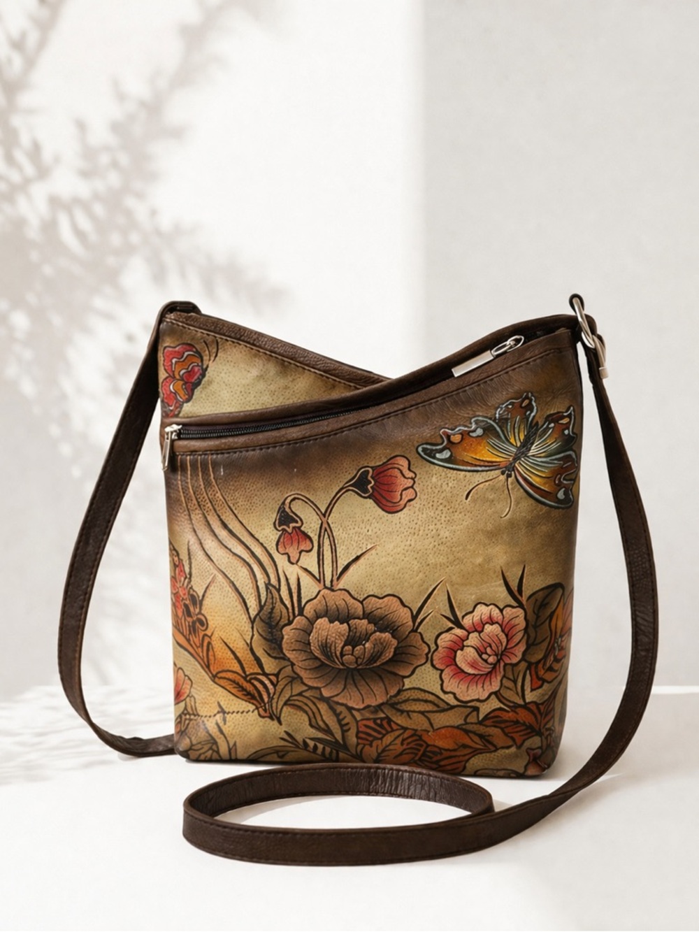 Biacci Hand Painted Leather Crossbody Bag Floral Butterfly Boho Vintage